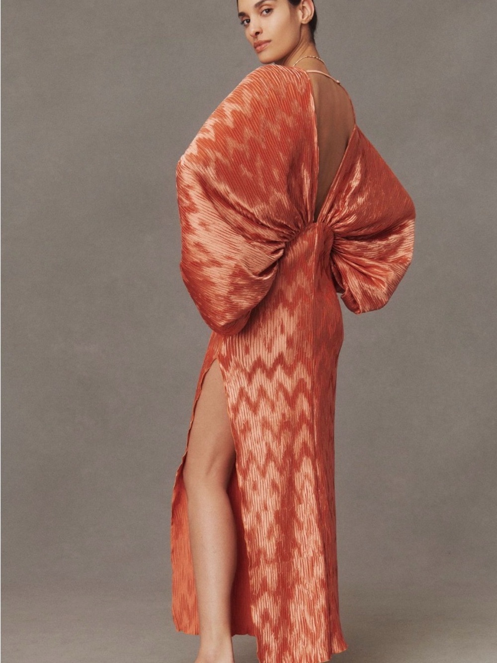 Long Sleeve Pleated Bow-Back Maxi Dress in Rust